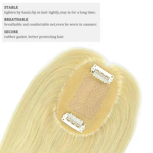 Miniatura 4 de Toppers de cabello humano con clip, sin costuras, para mujer, base de encaje para cabello picante, 12 pulgadas, rubio decolorado