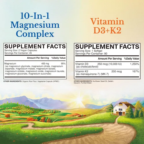 Miniatura 2 de Vitalitown Ultra Magnesio y Vitamina D3 K2 paquete (paquete de 2) Complejo de magnesio 10 en 1 y 10000 UI D3, MK-7 para dientes de músculo óseo