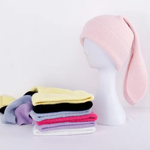Miniatura 7 de Gorro de conejo para mujer, lindo conejo de ganchillo, gorro de invierno, cálido gorro de calavera para esquí al aire libre