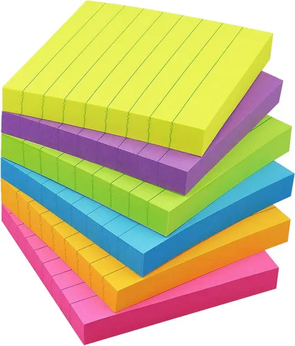 6 blocs de notas adhesivas forradas de 3 x 3 pulgadas, notas adhesivas con líneas autoadhesivas, 6 colores brillantes multicolor, 100 hojas/bloc