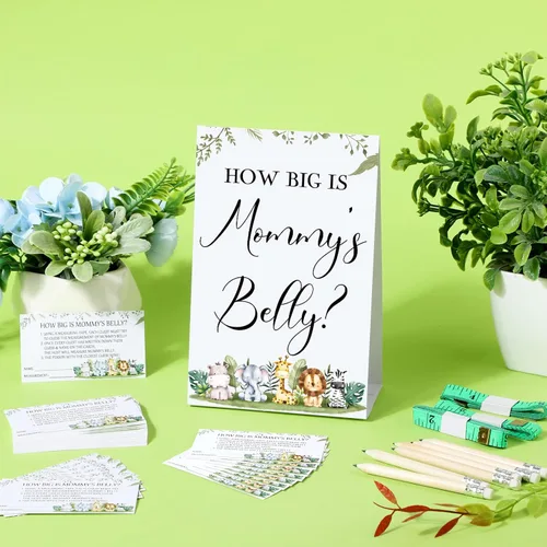 Miniatura 4 de Sabary 64 Piezas Juegos de Baby Shower Incluyen Letrero How Big is Mommy's Belly Sign Measure Bump Game 50 Tarjetas 10 Lápices 3 Cintas Métricas