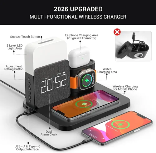 Miniatura 2 de Estación de carga 7 en 1 para iPhone, estación de carga inalámbrica, reloj despertador, luz nocturna, cargador inalámbrico para iPhone 17 16 15 14