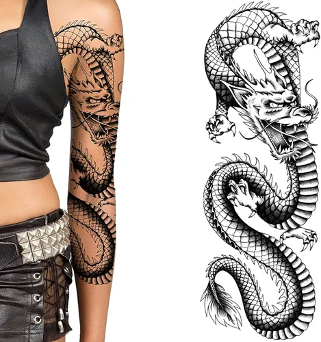 Miniatura 2 de 2 tatuajes temporales de dragón, chinos, grandes, para adultos, diseño tribal para hombres woemen, aspecto realista de Halloween