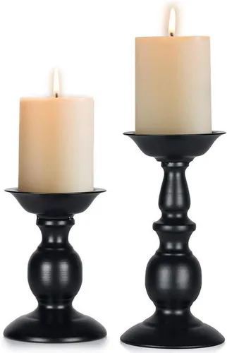 Nuptio Portavelas negro para velas de pilar - Juego de 2 portavelas rústicos Soporte de velas de metal alto Portavelas de pilar retro de otoño
