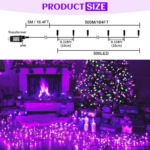 Miniatura 2 de kemooie 500 luces LED de Navidad rosadas, luces de Navidad de 164 pies para exteriores, enchufables, impermeables, con 8 modos de parpadeo