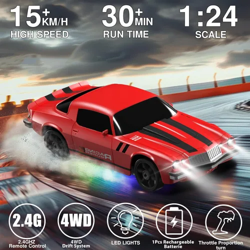 Miniatura 2 de Coche RC de Deriva 1:24 Coche de Control Remoto 4WD 24KM/H Coche de Carreras Deportivas de Alta Velocidad con Luces LED Juguetes de Coches RC