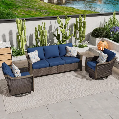 Miniatura 14 de Juego de 2 sillas giratorias de metal para patio, juego de muebles de conversación de mimbre, tapizados y mecedoras deslizantes de 360 grados, ratán