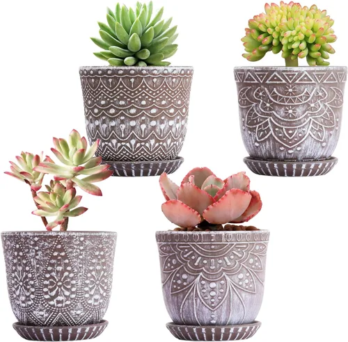 Miniatura 19 de Gepege Macetas para suculentas, maceta pequeña de cerámica para interiores de 4 pulgadas con agujeros de drenaje y platillos para plantas, color Azul