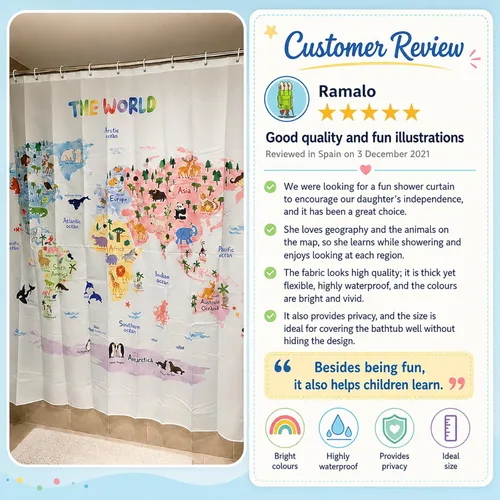 Miniatura 8 de DECOWALL Juego de cortinas de ducha con diseño de mapa del mundo de animales, impermeable, lavable, decorativo, 71 x 71 pulgadas, tela de poliéster