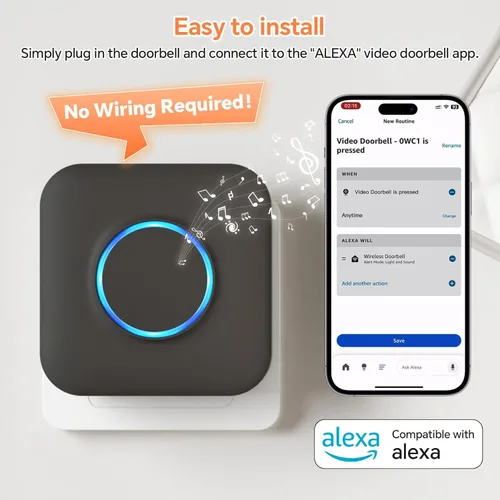 Miniatura 4 de Timbre inalámbrico inteligente WiFi para Google Nest, Ring, Blink - Conectado a la aplicación con luz LED, no requiere cableado (1 paquete, negro)