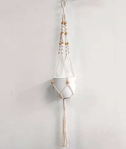 Miniatura 4 de Paquete de 2 colgadores de macramé para plantas con luces, cesta colgante para macetas de interior con cuentas de madera, soporte para macetas