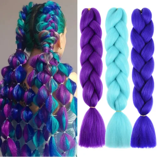 Miniatura 13 de Paquete de 3 extensiones de cabello trenzado de colores de 24 pulgadas, extensiones de cabello sintético para trenzar, morado, verde, amarillo
