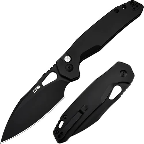 CJRB Cuchillo de bolsillo Frack, hoja de acero AR-RPM9 de 3.9 pulgadas, con revestimiento de PVD, mango de acero EDC, cuchillo de bloqueo de botón