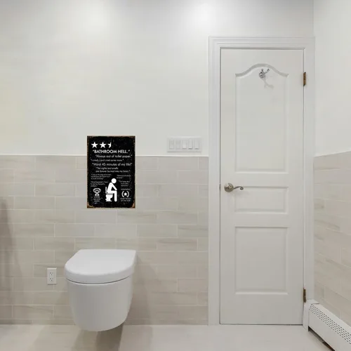 Miniatura 7 de Cartel de metal retro divertido para el baño, cartel de metal con texto en inglés "Hell Out of Toilet Paper", decoración artística de pared