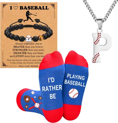 Miniatura 13 de Juego de regalos de béisbol, collar de fútbol con letras A-Z para hombres, calcetines de béisbol y pulseras de béisbol para amantes del béisbol