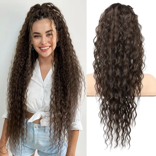 Miniatura 20 de Flufymooz Extensión de cola de caballo, 26 pulgadas, estilo bohemio, con cordón, extensiones de cabello para mujer, cola de caballo larga, rizada