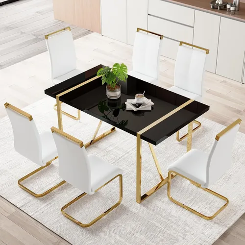 Miniatura 16 de Moderno juego de mesa de comedor para 4, juego de mesa de comedor dorado de 55 pulgadas con 4 sillas de piel sintética negra, mesa de madera negra
