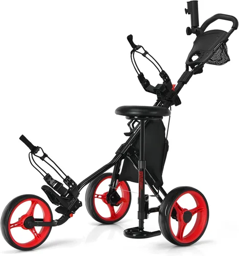 Miniatura 11 de Tangkula Carrito de Golf de Empuje y Tirón con Asiento, Carro Plegable y Colapsable Liviano de 3 Ruedas, Carro de Golf con Freno de Pie, Soporte Gris