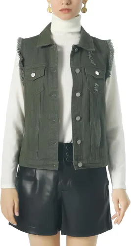Miniatura 2 de ebossy Chaqueta de mezclilla desgastada sin mangas de color caramelo para mujer