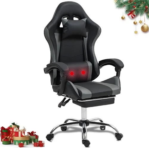 Silla ergonómica para juegos con madera de masaje, silla de videojuegos gris con reposapiés para adultos y niños, reposacabezas ajustable y soporte