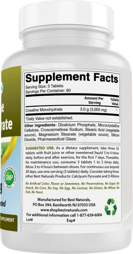 Miniatura 6 de Best Naturals Monohidrato de creatina 1000 mg 240 Comprimidos