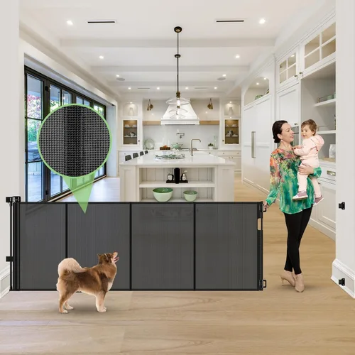 Miniatura 16 de Puerta retráctil reforzada de 96 pulgadas de ancho con varillas de apoyo, puerta retráctil extra larga para perros, puertas exteriores para Negro