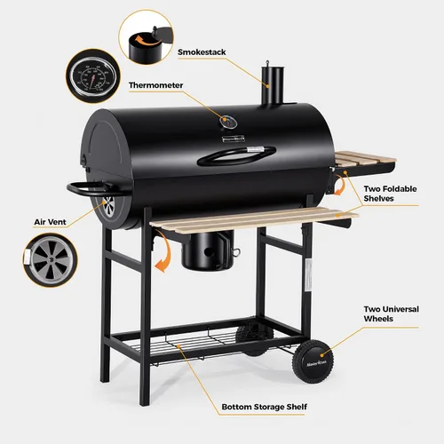 Miniatura 5 de MASTER COOK Parrilla de carbón de barril con estante frontal plegable de madera, 686 pies cuadrados área de cocina al aire libre, termómetro