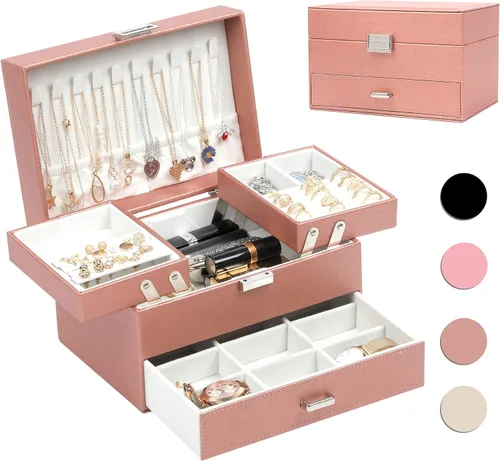Dajasan Caja organizadora de joyas, organizador de joyas para mujeres y niñas, 3 capas de almacenamiento grande de joyería para aretes, anillos,