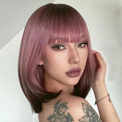 Miniatura 4 de AISI BEAUTY Peluca de cabello sintético lacio y corto con flequillo, color rosa ceniza, de 12 pulgadas, para niñas, cosplay, fiesta Rosa ceniza a