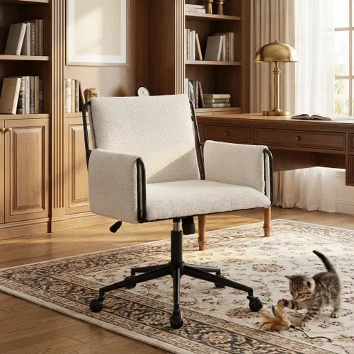 Miniatura 4 de YOUNIKE Silla de oficina en casa con brazos, silla de escritorio moderna con ruedas, sillas de tocador de tela con cómodas patas cruzadas traseras
