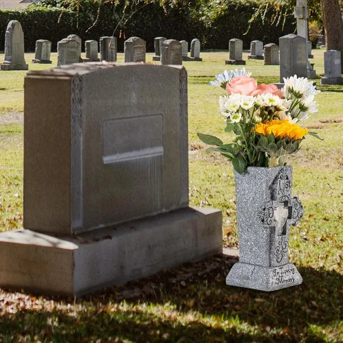 Miniatura 7 de HUYIENO Jarrón solar de cementerio con LED para flores frescas/artificiales, florero de cruz de flores de tumba, jarrones con pinchos, decoración
