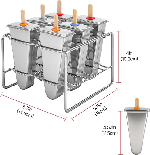 Miniatura 2 de Paquete de 6 moldes de paletas de acero inoxidable, máquina de paletas de hielo reutilizables con soporte, juego de moldes triangulares para helado