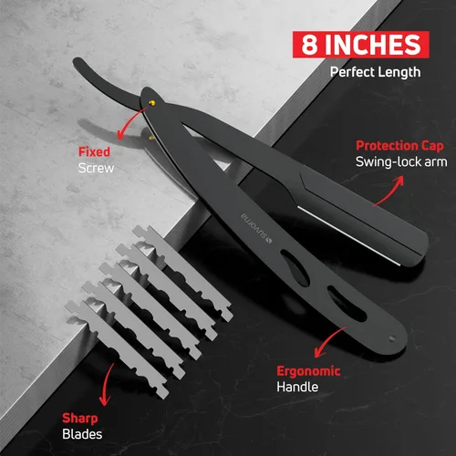 Miniatura 6 de Suvorna Juego de barba y bigote prémium con tijeras de barba para hombres, maquinilla de afeitar recta con cuchillas, tijeras faciales