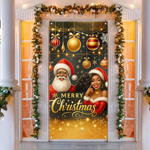 Miniatura 2 de BlissYard Cubierta de puerta de Feliz Navidad de 71 x 35 pulgadas, pancartas para puerta de porche delantero, decoración de invierno, Papá Noel