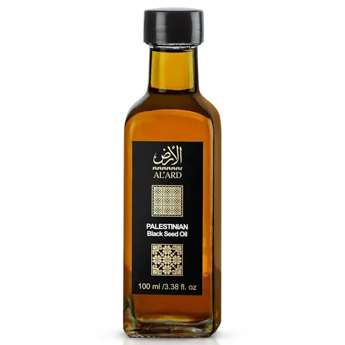 Al'Ard Aceite de semilla negra orgánica de 3.4 fl oz/3.38 fl oz, semilla de comino negro prensada en frío sin refinar, hecho en Palestina, aceite