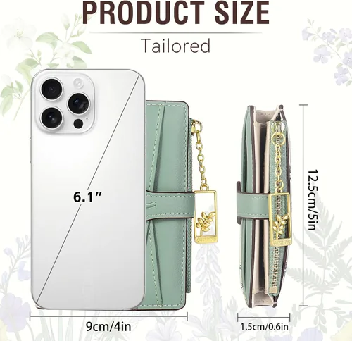 Miniatura 5 de Carteras para mujer - Bloqueo RFID - Pequeña billetera con flores, cuero PU suave, plegable, bolsillo con cremallera para monedas, tarjetero
