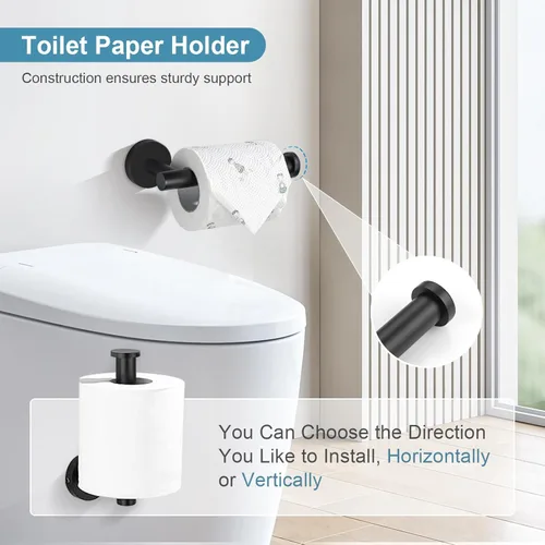 Miniatura 4 de TQKAG Juego de accesorios de baño negro mate, 5 piezas, juego de barra de toalla de acero inoxidable SUS304 juego de estante de toallas redondo
