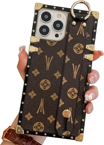 Miniatura 7 de Funda rectangular de cuero compatible con 11 con correa para muñeca, funda de diseñador de lujo para mujeres y niñas, funda protectora con soporte