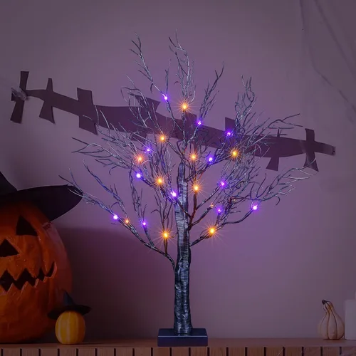 LIGHTSHARE Bonsái de sauce de Halloween de 26 pulgadas, 20 luces LED, árbol espeluznante artificial negro para el hogar, festival, belén, fiesta y