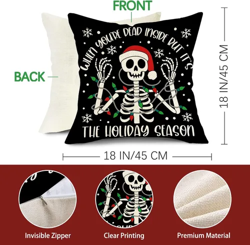 Miniatura 3 de Juego de 4 fundas de almohada decorativas de esqueleto gótico de Navidad de 18 x 18 pulgadas, diseño de calavera de Navidad, decoración del hogar al