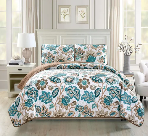 Mk Collection - Colcha acolchada de 2 piezas con estampado floral blanco roto verde marrón individual/individual extra largo de 70 x 95 pulgadas,