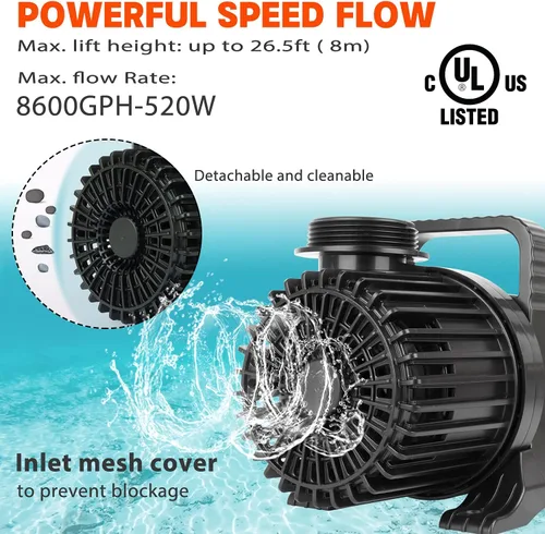 Miniatura 2 de WaterRebirth (8600GPH 520W, UL listado) Fuente de agua sumergible de alto flujo acuario estanque de sumidero bomba de cascada eléctrica PS-8600