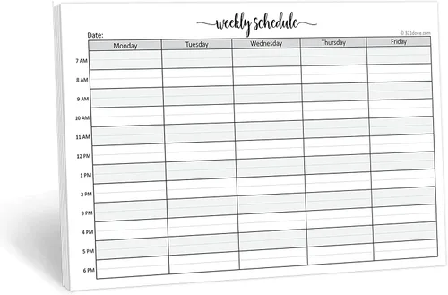 321Done Bloc de notas de planificación de horarios semanales - 50 hojas (5.5x8.5) - Planificador semanal de productividad para citas horarias, bloc