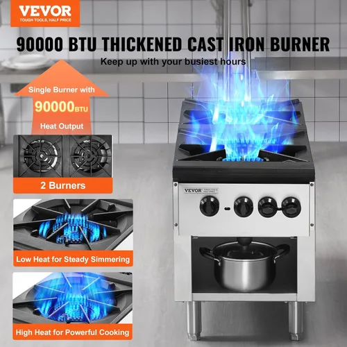 Miniatura 2 de VEVOR Estufa de Gas Comercial con 2 Quemadores, Estufa de Cocina de Encimera de Propano y Gas Natural, Placa Caliente de Gas de Acero Inoxidable