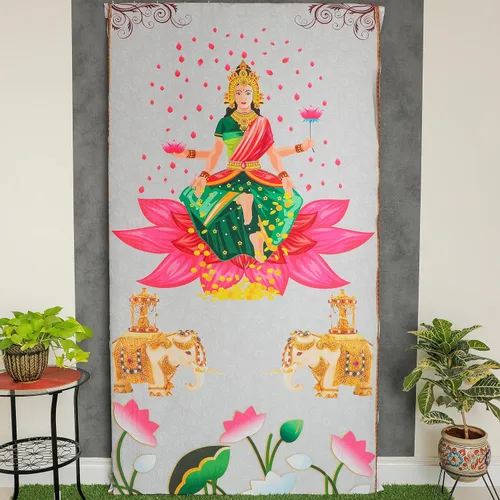 Miniatura 5 de Desi Favors Gran tela de algodón Lakshmi MATA/Ashtalakshmi - Decoración de telón de fondo indio estilo Pooja, regalo para bodas hindúes, festivales