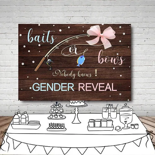 Miniatura 6 de MEHOFOND Fondo de fotos de 7 x 5 pies con texto en inglés "Nobody Knows Gender Reveal", tablero de madera rústica, mesa para tartas, decoración