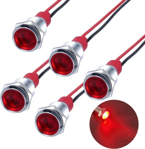Miniatura 25 de 5Pcs 12V-24V Luz indicadora LED de ahorro de energía Montaje de orificio 8mm (1/3") 20mA Señal de lámpara de cabeza plana ancha impermeable piloto