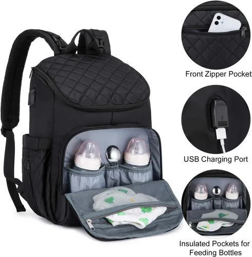 Miniatura 5 de LOVEVOOK Mochila para Pañales de Gran Capacidad con Cambiador Portátil, Mochila de Viaje Multifunción para Bebé Negro-1
