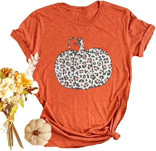 Miniatura 36 de Woffccrd - Camisetas divertidas con estampado de calabaza y leopardo para mujer, camisetas gráficas de manga corta de Halloween para mujer