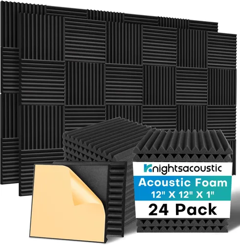 Knightsacoustic Paquete de 24 paneles acústicos de espuma a prueba de sonido con autoadhesivos para pared, 12 x 12 x 1 pulgadas, de alta densidad,